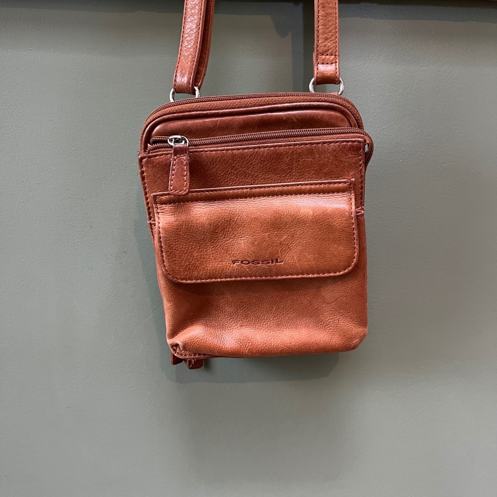 Fossil‎ Brown Leather Crossbody Organizer Bag Built-in Wallet Travel Purse